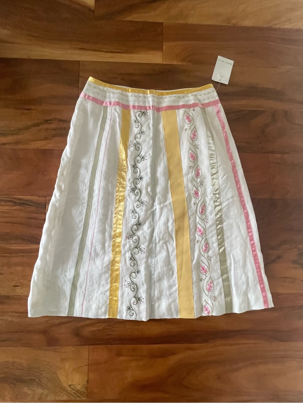 White A-Line Skirt with Pink and Yellow Stripe Embroidery — Women